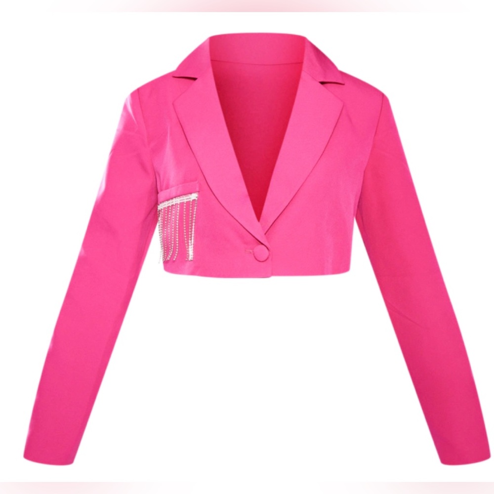 NWT • PrettyLittleThing Petite Hot Pink Cropped Diamante Trim Blazer • 10P